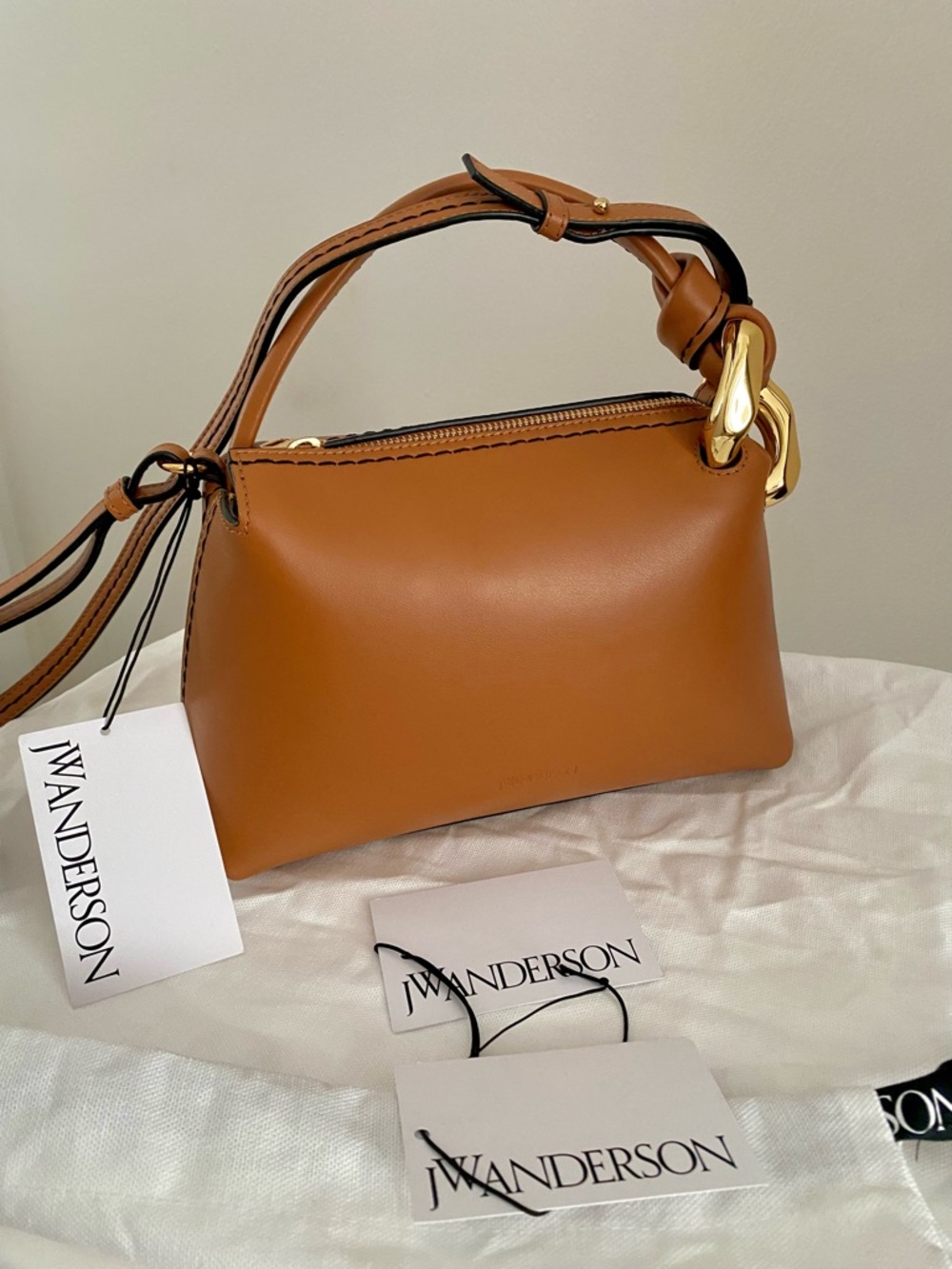 JW Anderson Small Corner Bag Pecan Tan Leather Crossbody Top Handle NWT